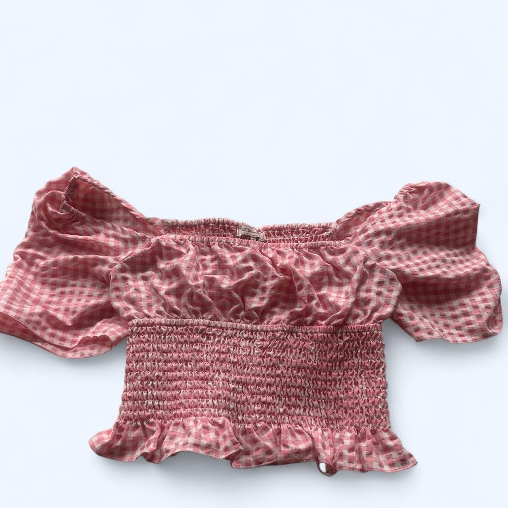 BCBGeneration Pink Gingham Smocked Crop Top